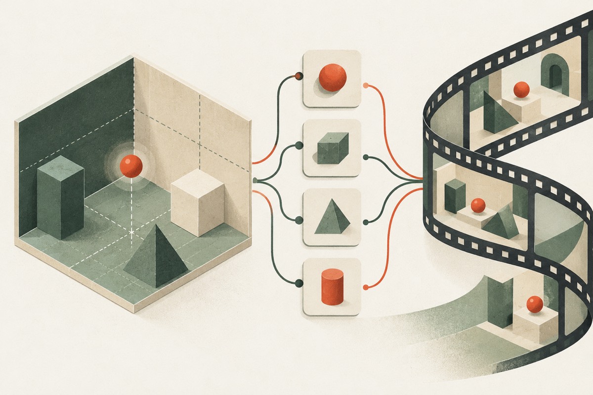 Spatial shapes, reusable option cards and a filmstrip form a connected illustration.
