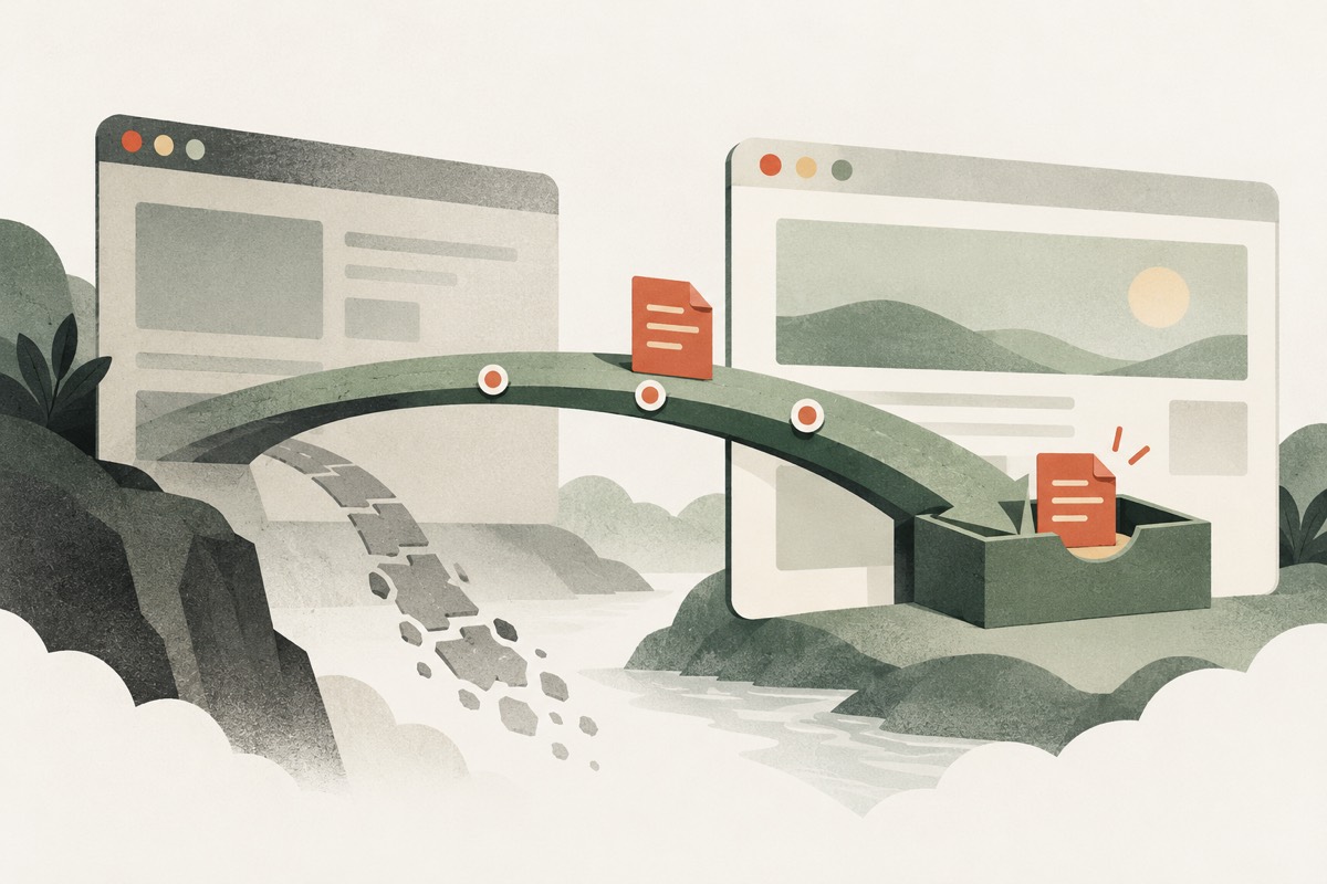 A document crosses a bridge between browser windows into a storage tray.